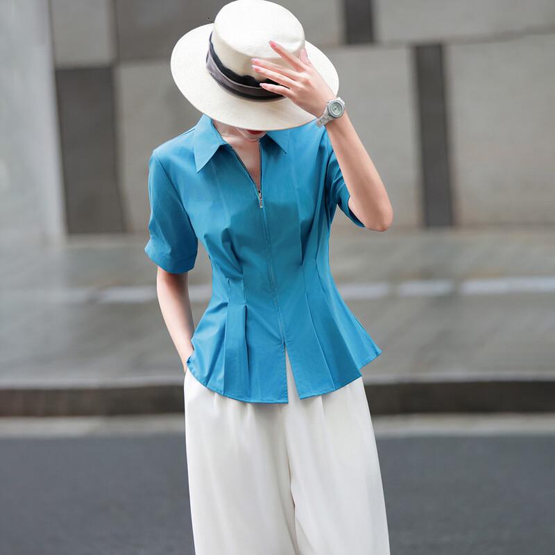 Lansere Women s Commuter Pleated A-Line Short Sleeve Lapel Shirt XL сапфир синий