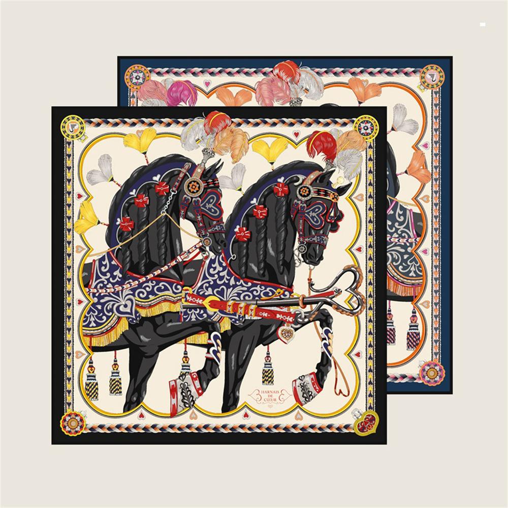 Silk Scarves Two Horse Printed Twill Silk Scarf Women Shawls Luxury Design Hijab Fashion Square Curled Scarf Neckerchief