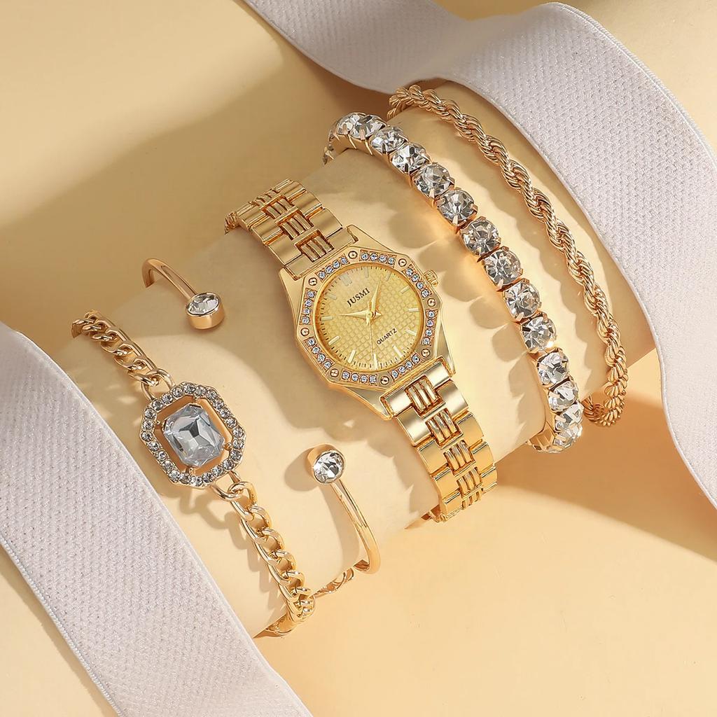 Fashion Light Luxury Diamond Set Dial Alloy Strap Women's Quartz Watch Diamond Set Bracelet 5 Pieces Set, Suitable for Thanksgiv