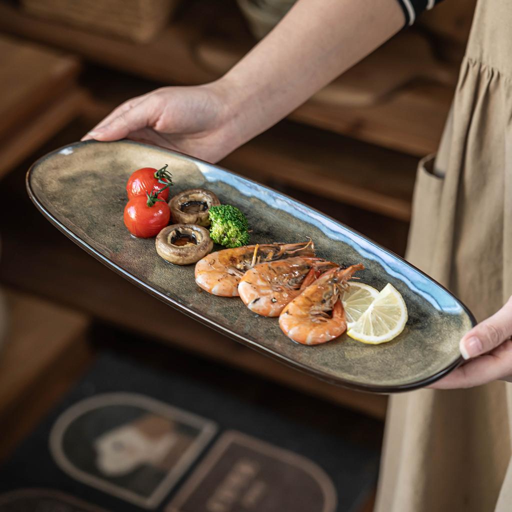 Fish Plate Household High-End Oval Plate Household Ceramic Plate Vegetable Plate Retro Tableware Large Western Food Plate
