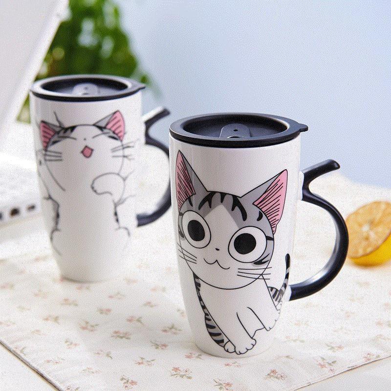 Niedliche Keramik-Kaffeetasse mit Deckel, große Kapazität 600 ml, Tier-Tassen, Kreatives Trinkgeschirr, Kaffee-Teetassen, Neuheitsgeschenke, Milchbecher