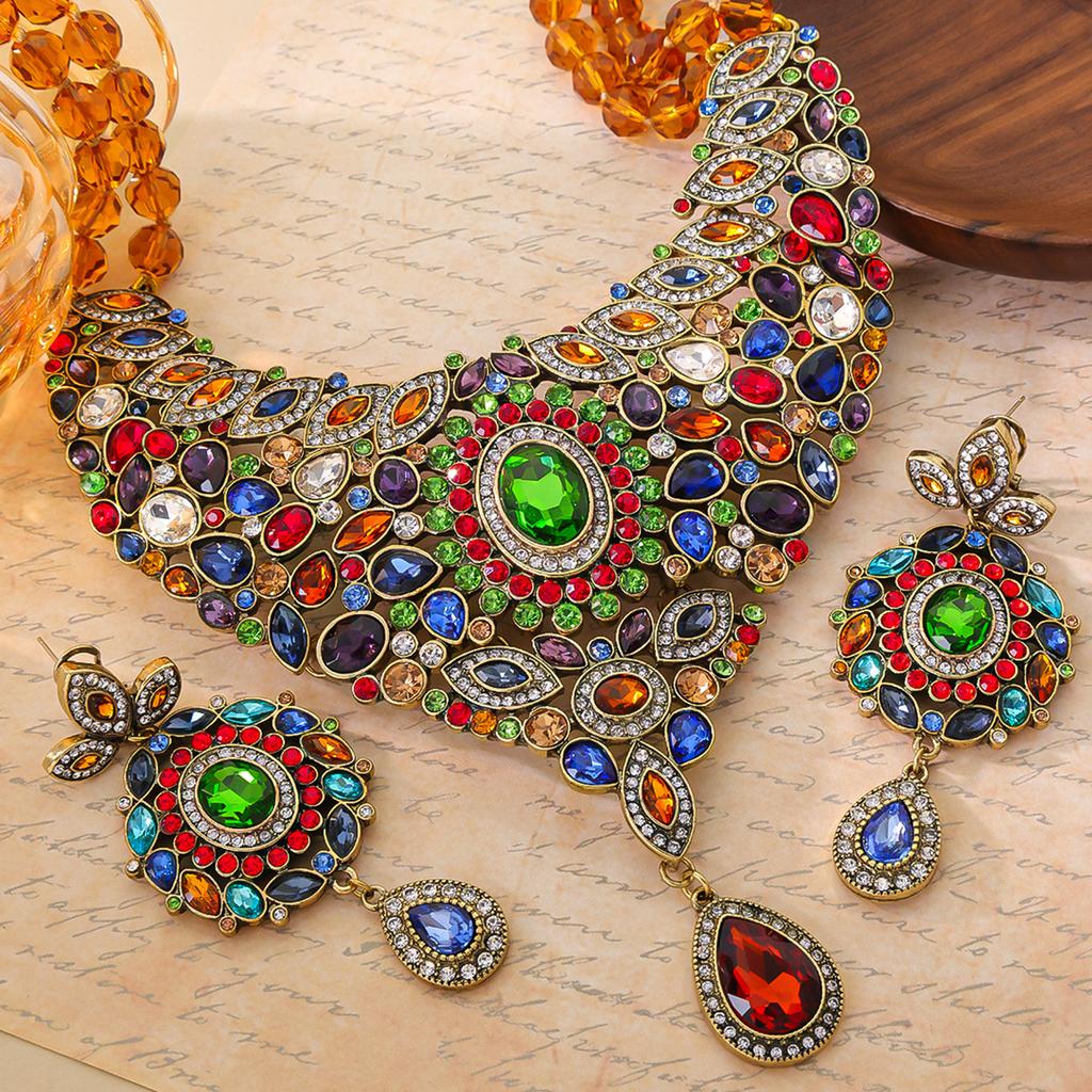 Medieval Retro Persian Style Exaggerated Multicolored Gemstones Full Of Beaded Necklace Earrings