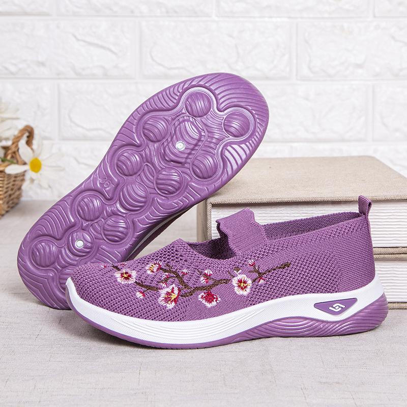 Mom shoes summer new shallow mouth embroidered single shoes middle-aged and elderly one-pedal breathable casual shoes women's cloth shoes