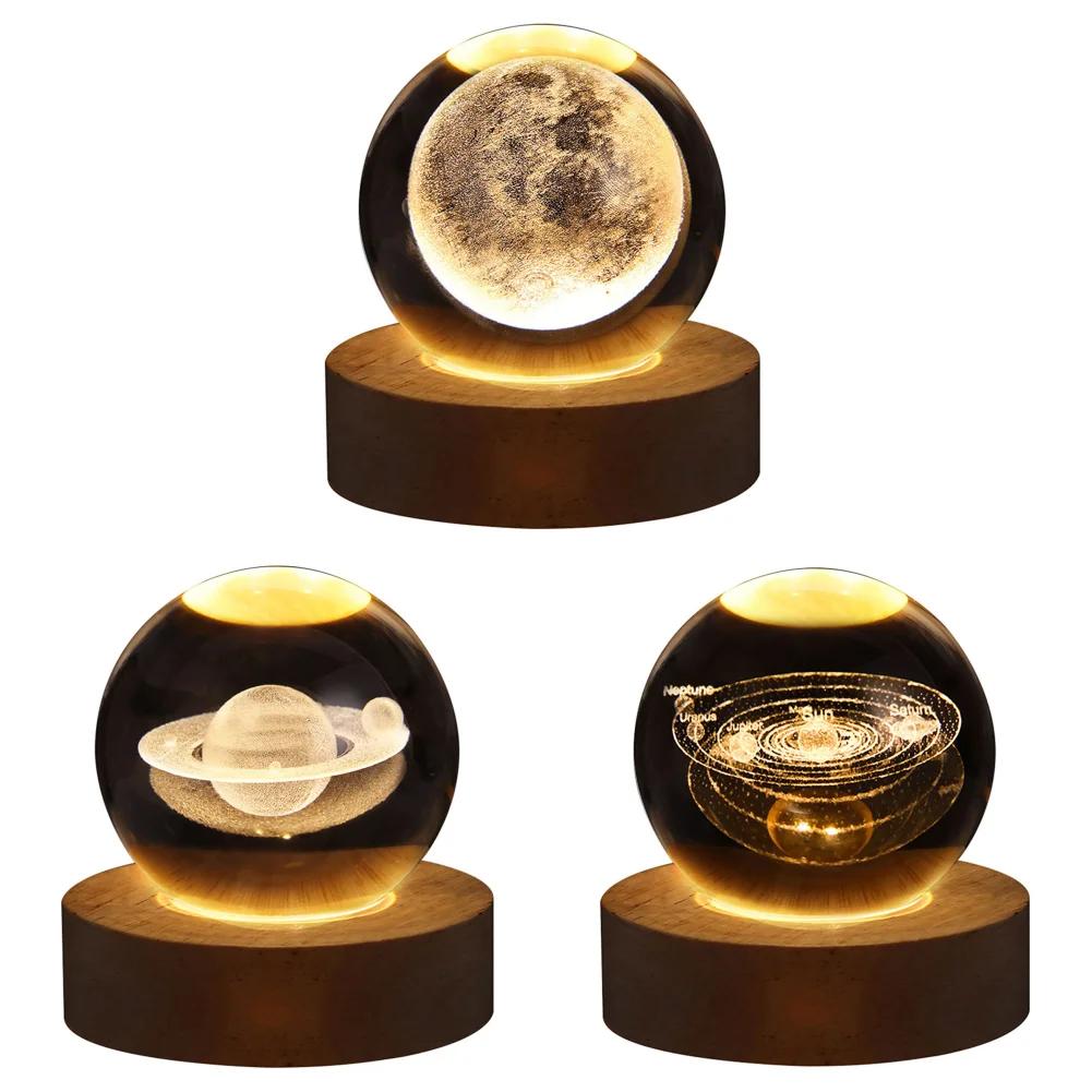 LED Crystal Ball Lamp Milky Way System Crystal Ball Glowing Solar System Crystal Ball with Wooden Base Glass Planet Nightlight