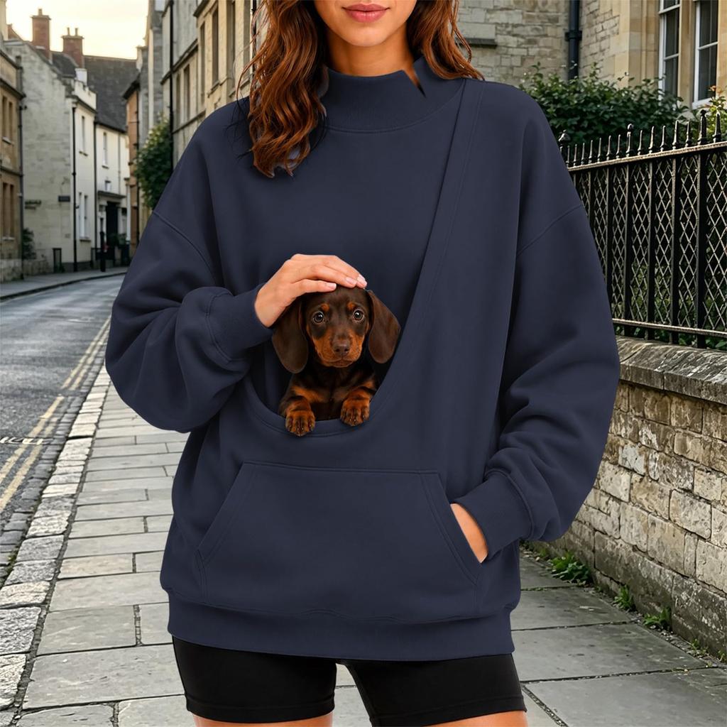 Women's Fashion Drop Shoulder Long Sleeve Pullover Sweatshirt with Pet and Baby Pouch Casual Top