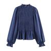 European and American Women's Clothing 1116 Spring New Product Stand-up Collar Plaid Versatile Bubble Sleeves Long-sleeved Shirt Top Women