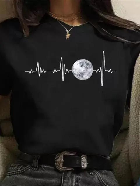 Maycaur Newest Funny Moon Print T Shirt Women White and Black Shirts Fashion Round Neck Short Sleeve T-Shirt Summer Tees Casual Top