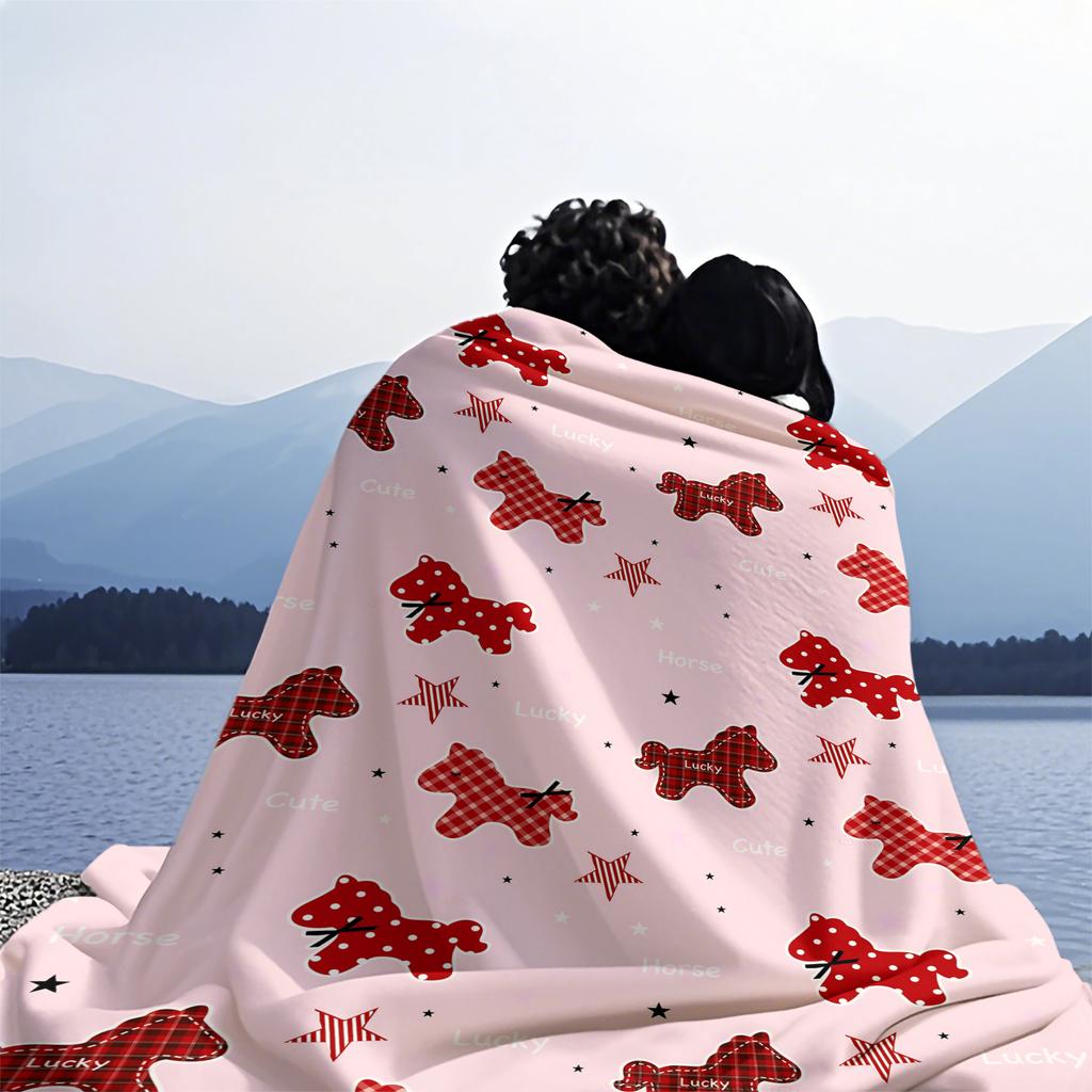 1PC Sweet Pink Pony Plaid Print Fleece Throw Blanket for Adult Quality Super Soft Warm Universal Blanket for Travel Office Home