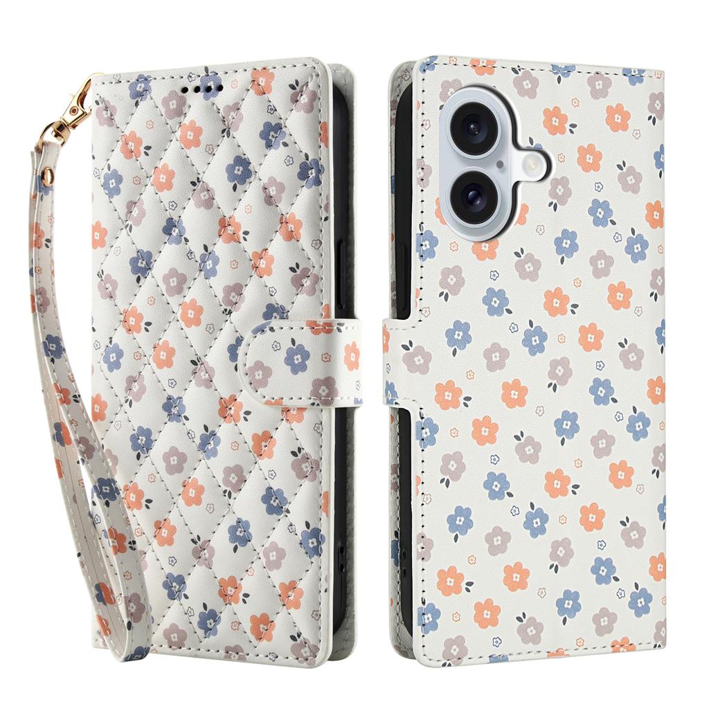 For iPhone 17 Wallet Case Rhombic Floral Design Leather Flip Phone Cover with Strap