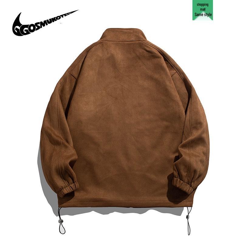 Giacca Unisex in Pelle Scamosciata e Pile con Collo Rialzato Stile Giapponese - Uomo Primavera/Autunno 2025 Sportiva e Studente Vestibilità Larga