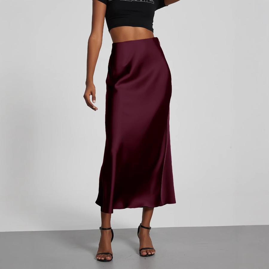 Women's Clothing Elegant Satin Midi Skirt Slim Fit High-Waisted Dress
