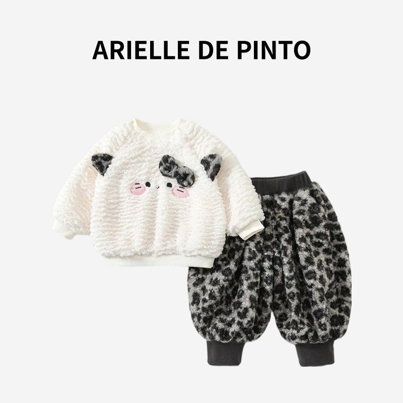 French Arielle De Pinto Girls  Winter Outfit Sweet Butterfly Pattern Fleece-Lined Cartoon Set Image color 140