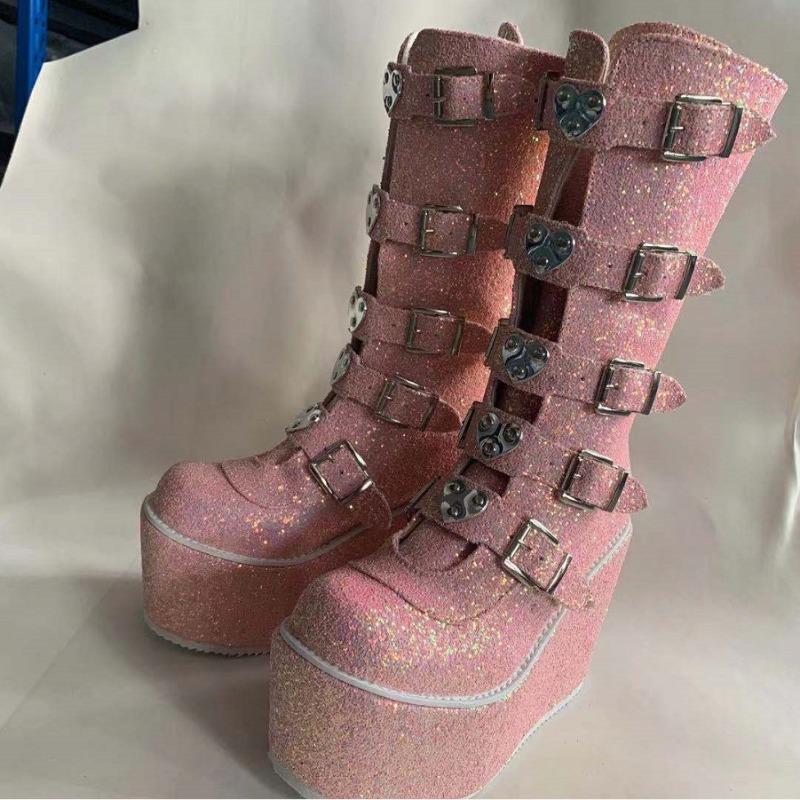Punk Cosplay Women Sequin Boots Ladies High Boots Comfort Long Tube Boots Pink Platform High Wedges Women Shoes Gothic Boots