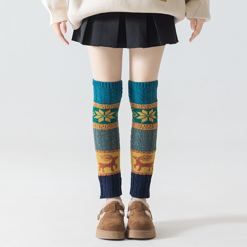 British Retro Wool Knit Scrunched Snowflake Reindeer Christmas Leg Warmers