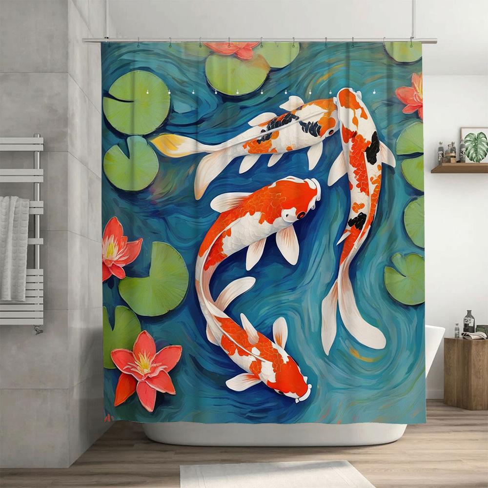 Koi Fish Shower Curtain 3D Printed Waterproof Decorative Bathroom Wall Hanging, suitable for Kids Bathrooms, featuring Japanese