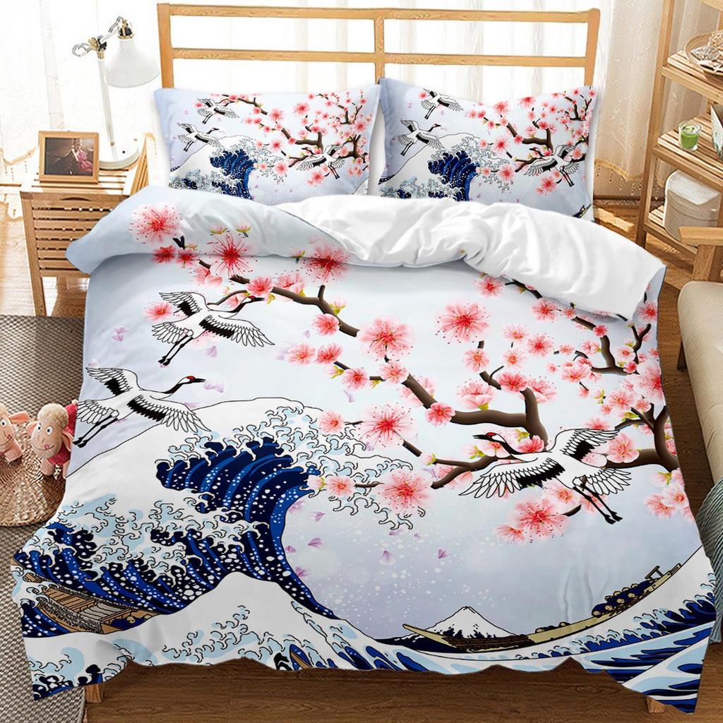 Great wave off Kanagawa oriental bedding, Cherry blossoms and ocean waves on Japanese duvet cover set for king, queen, full, twin, single