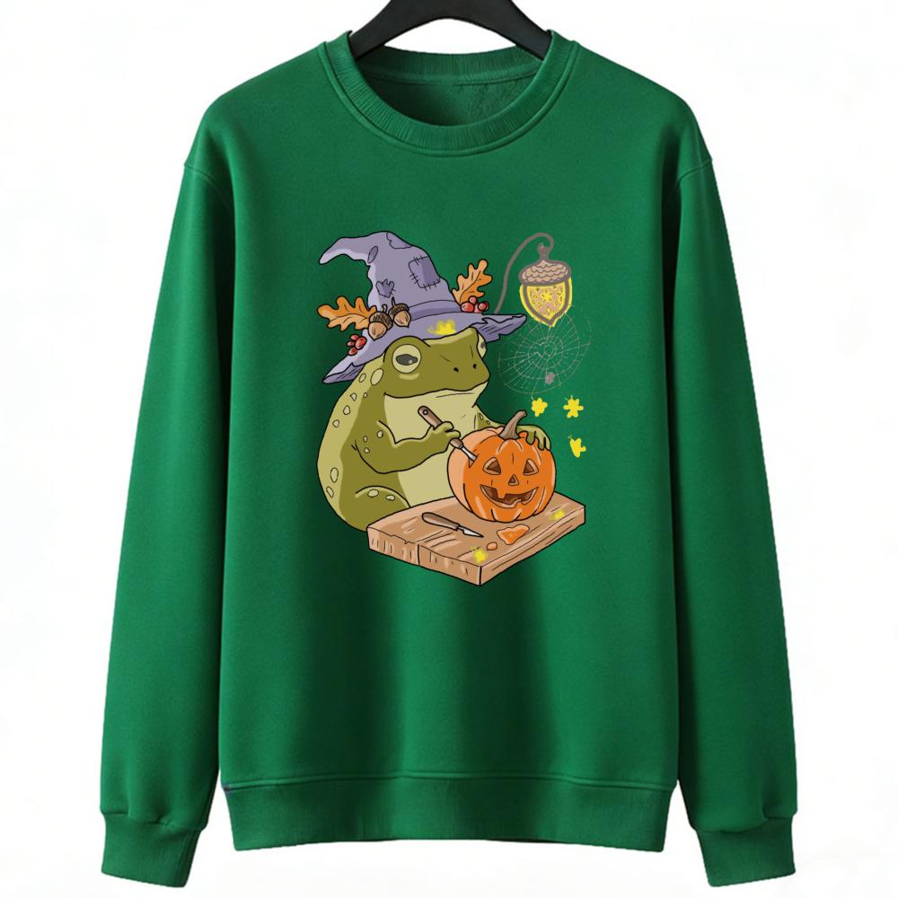 Witch Frog Carving Pumpkin Hoodie Women's Halloween Funny Cute Fall Spooky Graphic Cozy Warm Long Sleeve Pullover Sweatshirt