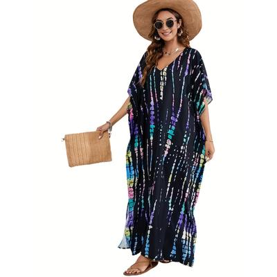Cover Up Boho de Talla Grande, Vestido Maxi con Abertura y Cuello en V, de Manga Murciélago Rayado Tie Dye para Mujer