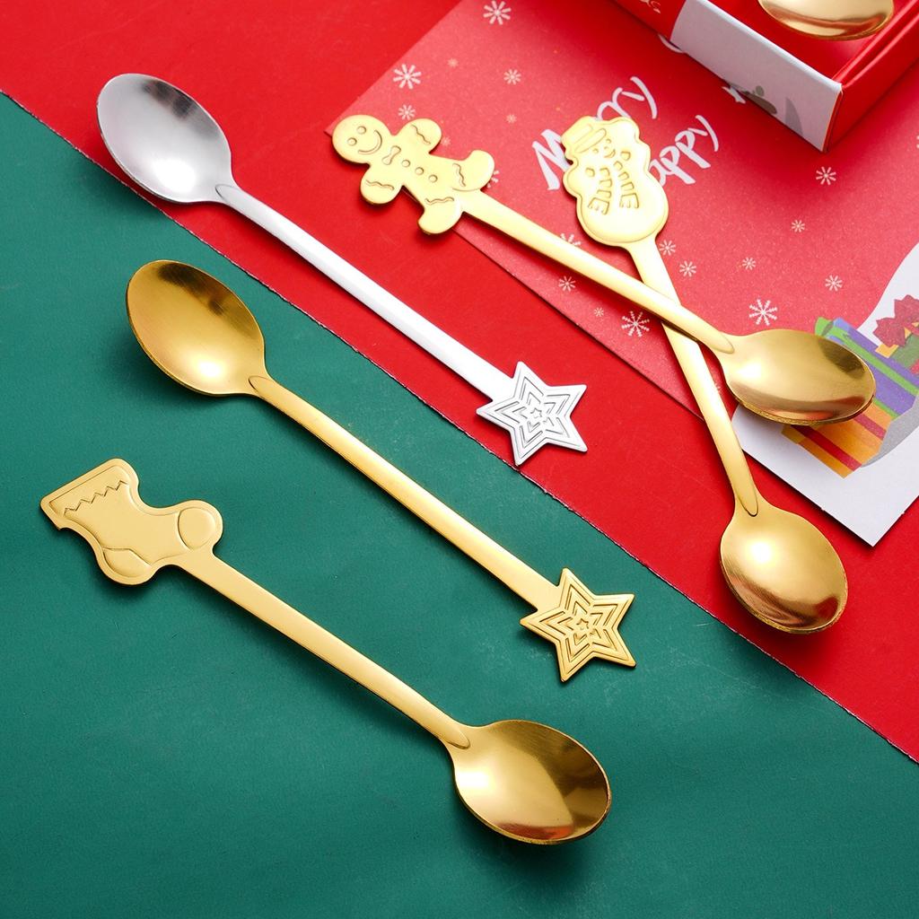 4Pcs Christmas Gift Elk Christmas Tree Dessert Spoon Cutlery Spoon Set Fruit Coffee Spoon Cutlery Wed Christmas Gift