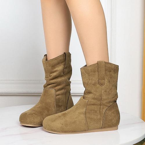 Suede short boots, women's pleated pile boots, round toe winter western denim fashionable women's boots