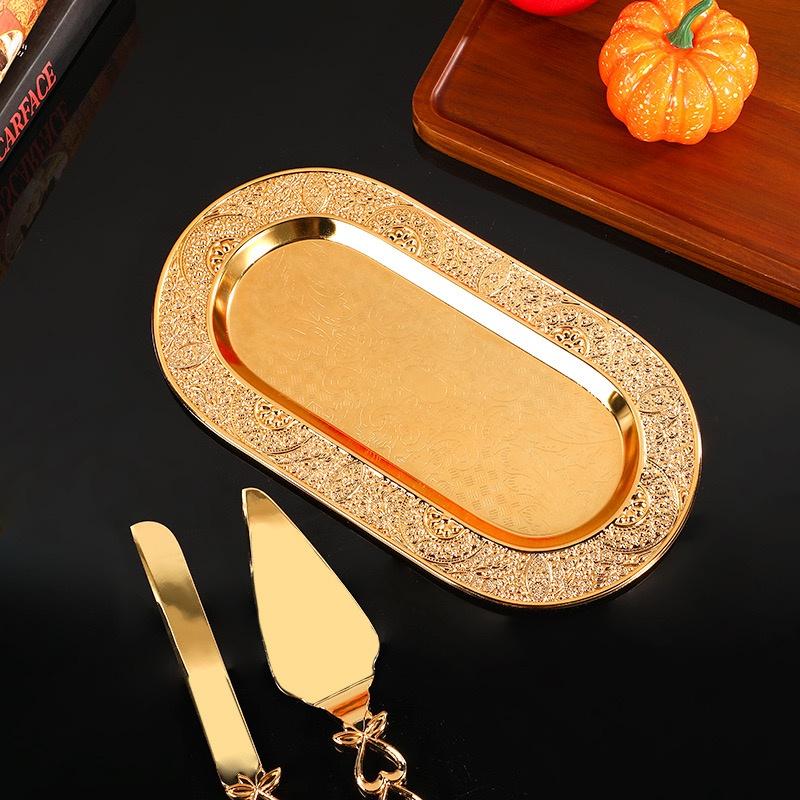 European Fruit Plate, Alloy Household Oval Shape Plate, Golden Niche Retro Snack Plate, Candy Plate Home Living Room Decoration