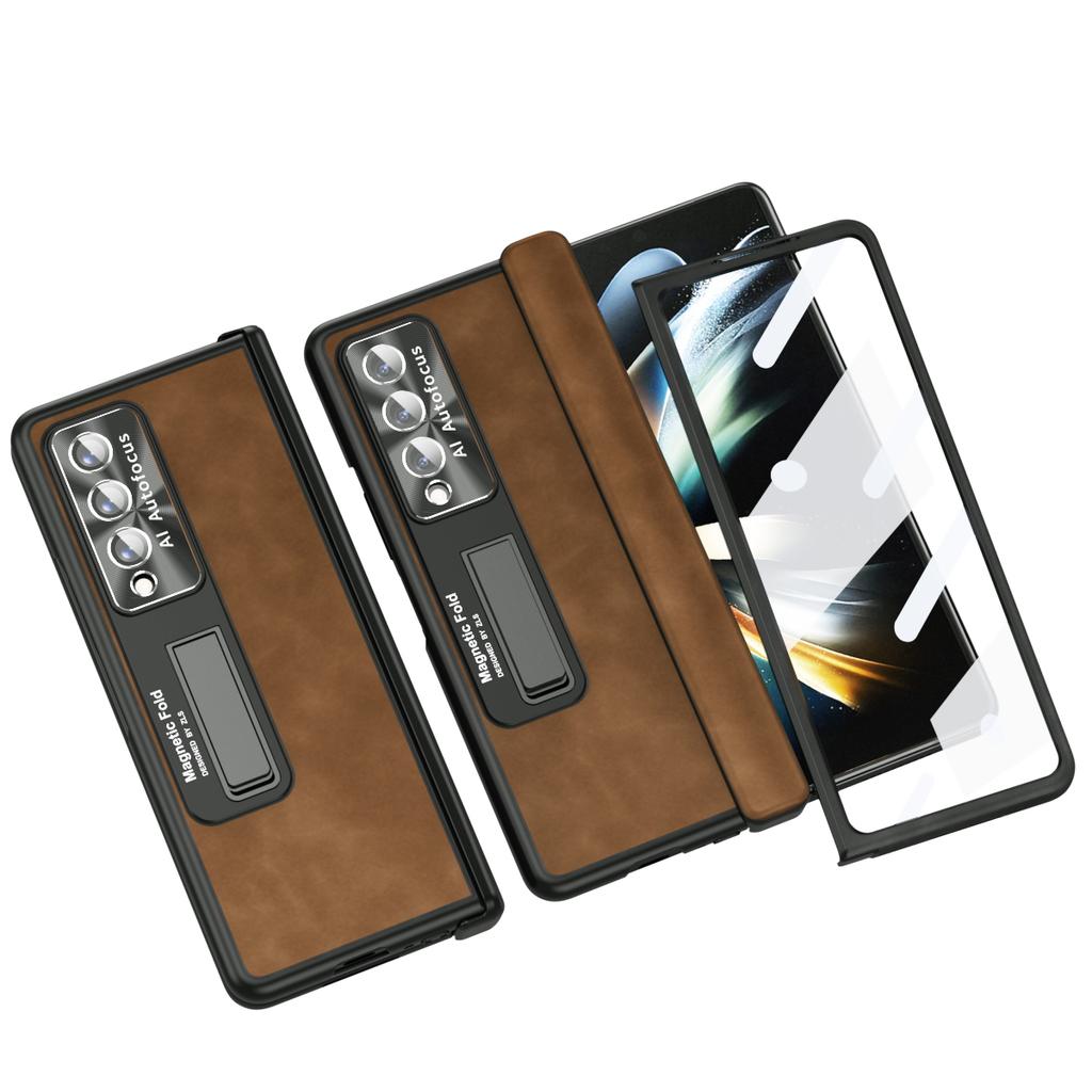 Fashion Front Glass Protector Leather Case For Samsung Galaxy Z Fold4 Zfold4 Fold 3 Fold3 Fold 4 Comfortable Kickstand Cover
