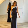 European and American new products slanted shoulder black and white contrasting color fishtail dress skirt single shoulder streamer slim long skirt