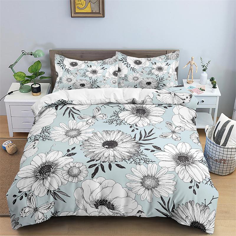 Floral Duvet Cover Microfiber 2/3Pcs Queen Daisy Bedding Set Leaves Plant Print Soft Breathable Quilt Cover With Zipper Closure