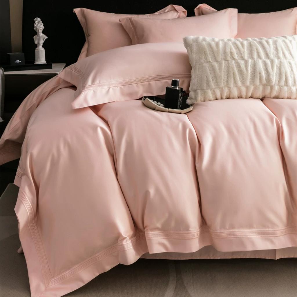 100% Cotton Luxury Minimalist Modern Solid Color 5-Line Stitch 4-Piece Duvet Cover Bedding Set All-Season Premium Home Textiles