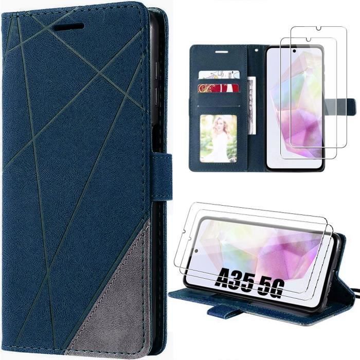 Coque de protection - BOOLING - pour Samsung Galaxy A35 5G - Bleu Marine - Effet Cuir Rétro - avec Porte-cartes - 2 Verres Trempé