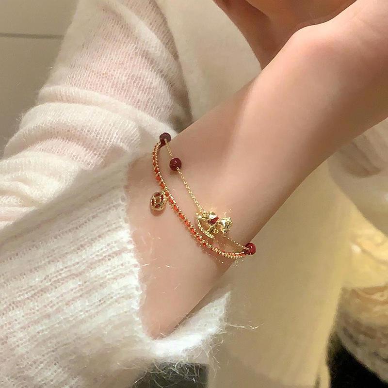 18k Gold Plated Zircon Double Layer Horse Bracelet - Chinese Retro Style with Woven Rope