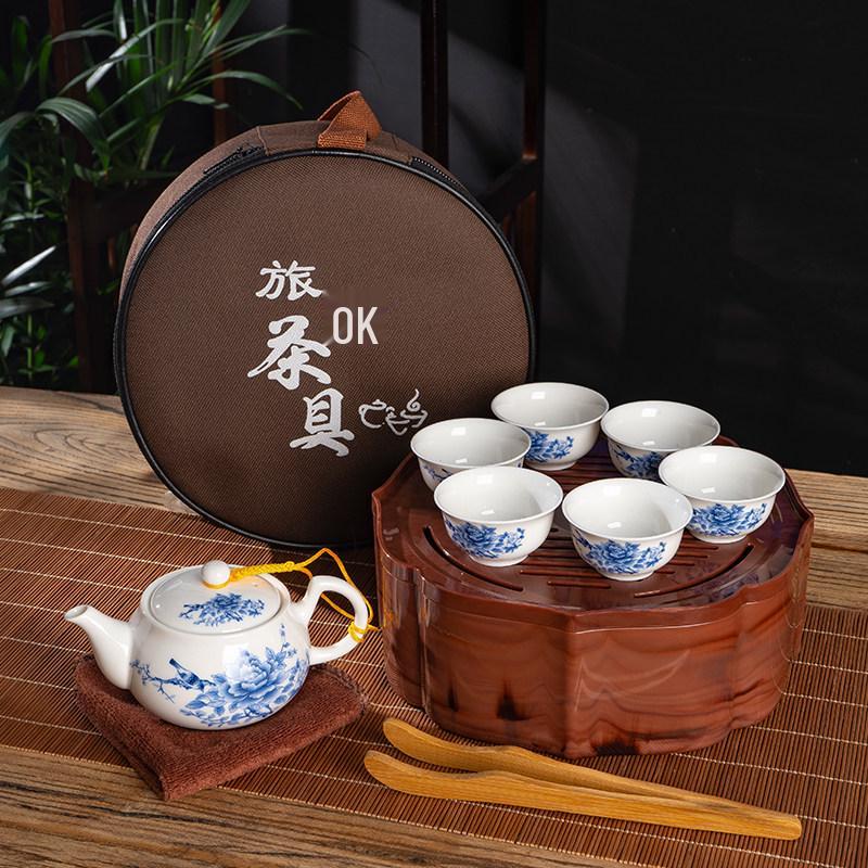 Portable Ceramic Kung Fu Tea Set with Tray, Cups, Teapot, and Lid Bowl