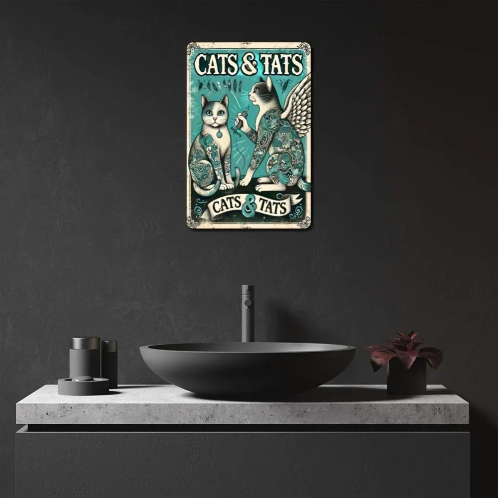 Vintage "Cats & Tattoos" Metal Sign Waterproof Wall Art for Edgy Room Decor