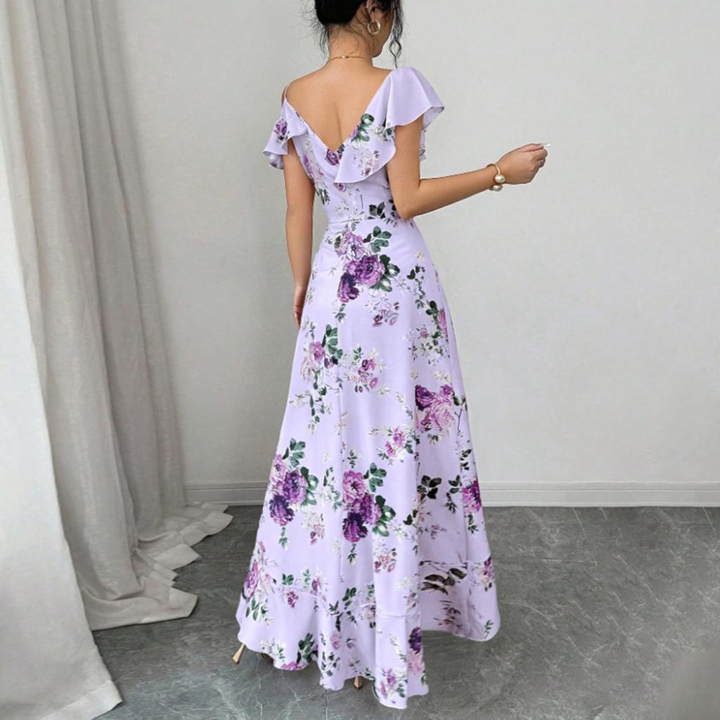 Dames V-hals Bloemenprint Ruches Afwerking Midi Jurk Mouwloos Zomer Vakantie Casual Elegante Jurk voor Buitenevenementen