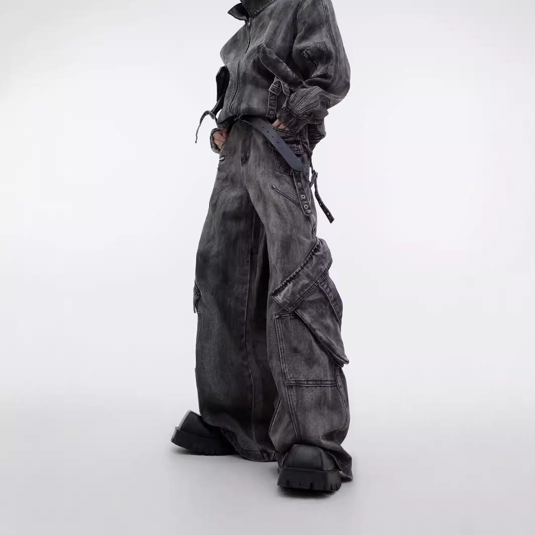 

Нишевый 2024 Ретро Джинсовый Костюм с Эффектом Потертости: Куртка на молнии Wasteland и комбинезон с большим карманом XL