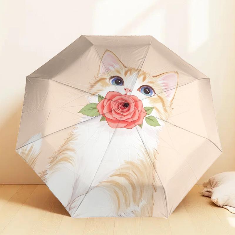 Adorable Cat with Rose Print Umbrella: Automatic Opening/Closing, Outdoor Protection, Lightweight and Durable Travel Accessory 087