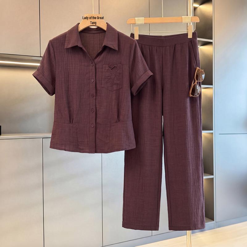 Datang Madam Women s Summer Embroidered T-Shirt & Pants Set 4XL вино красного
