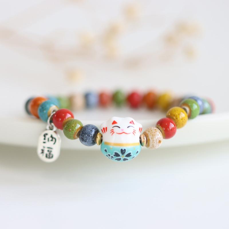 Bracelet chat porte-bonheur mignon pour filles, bracelets de perles colorées réglables
