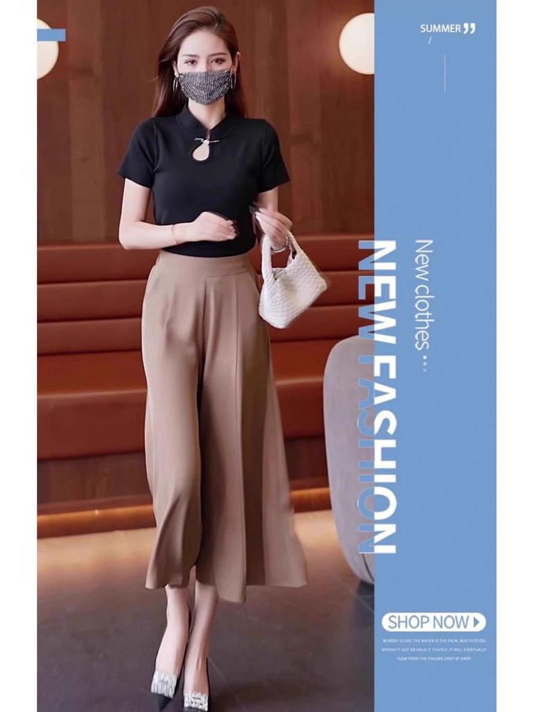 Women's 2026 Summer Ice Silk High Waist Wide-Leg Skirt Pants - Thin, Casual, Seven-Point Style
