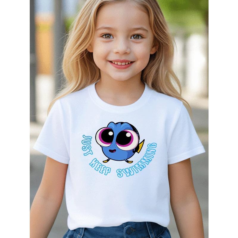 Girls Crewneck Summer Tee, Dory Blue Fish Just Keep Swimming Cartoon Print 110 белый