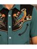 [Print Design - Not Textured] Men'S Retro Western Style Shirt - Men'S Western Style Teal Black Color Block Short Sleeve Lapel Shirt, Parrot Cactus