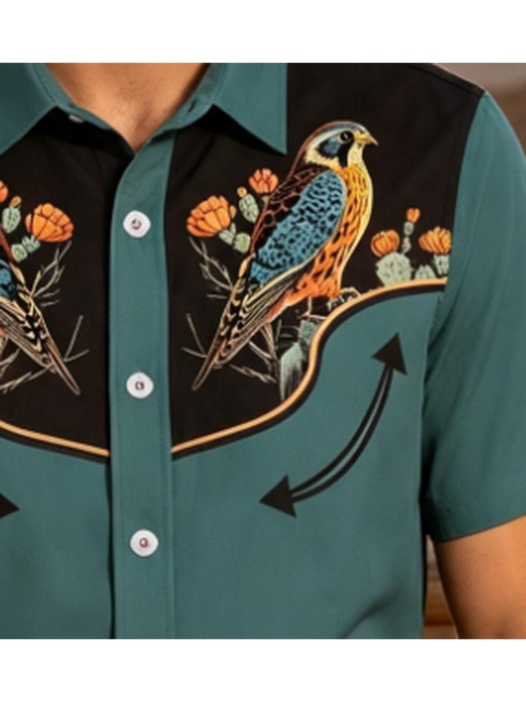 [Print Design - Not Textured] Men'S Retro Western Style Shirt - Men'S Western Style Teal Black Color Block Short Sleeve Lapel Shirt, Parrot Cactus
