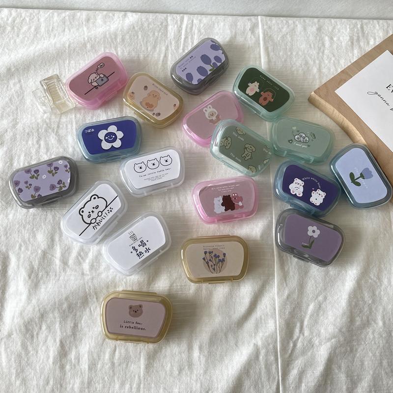 Ins with Mirror Floral Animal Printed Cute Contact Lens Box Portable Contact Lens Case Companion Box Travel Contact Lenses Case