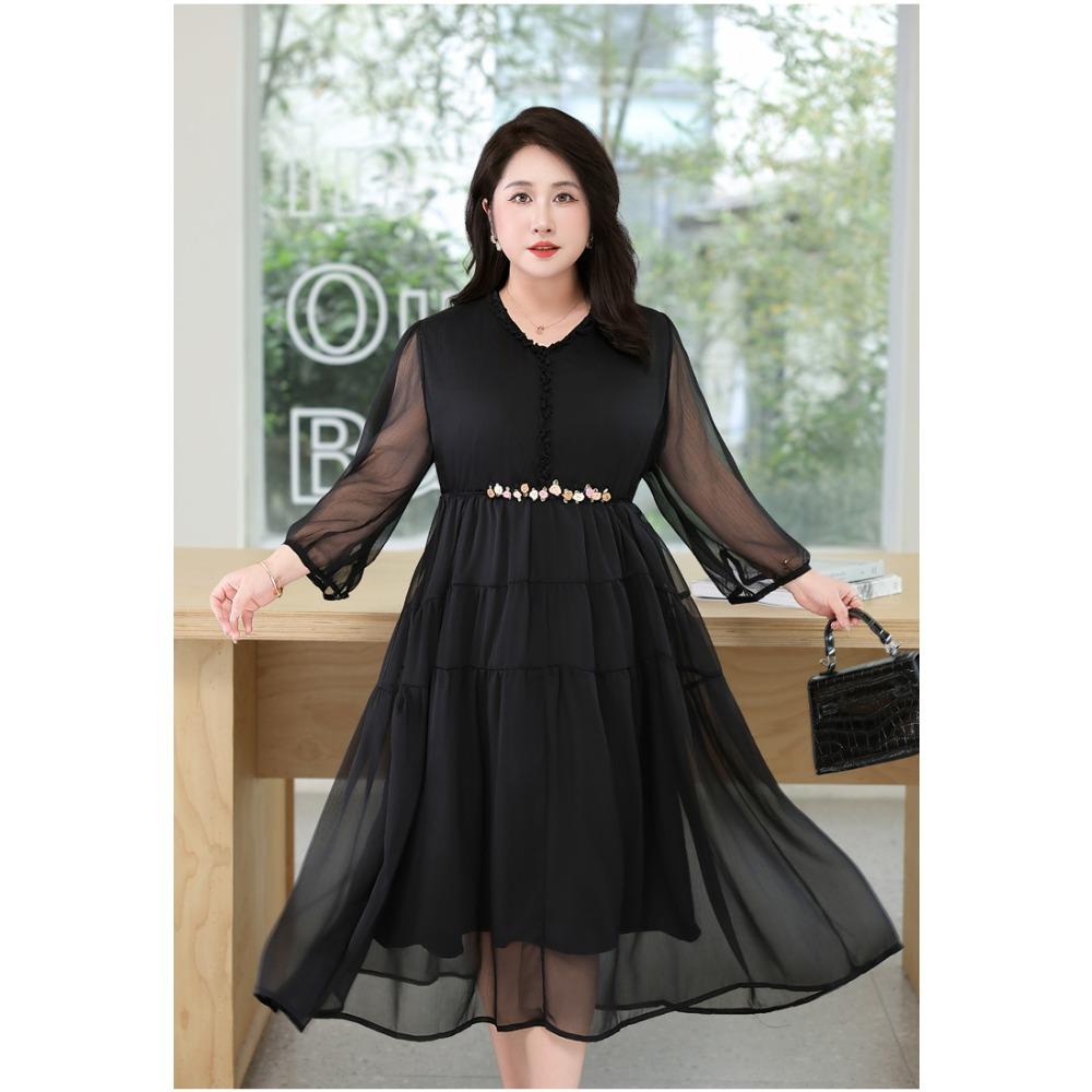 Abito Midi da Donna Scollo a V Manica a Tre Quarti Vestibilità Larga Vita Impero Elegante Monocromatico in Chiffon Taglie Forti