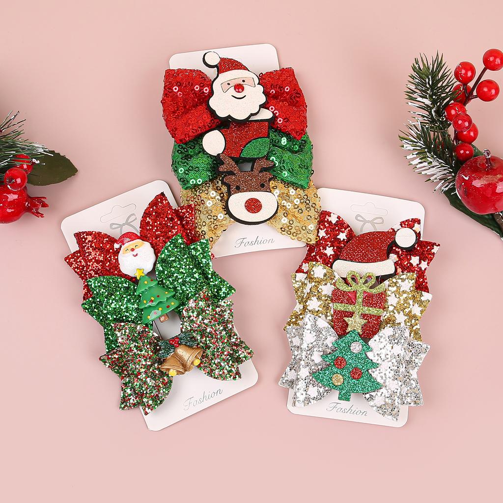 3pcs Christmas Elk Hair Bows Girls Santa Claus Hair Clip Heart Star Barrettes Children Kids Christmas Party Hair Accessories