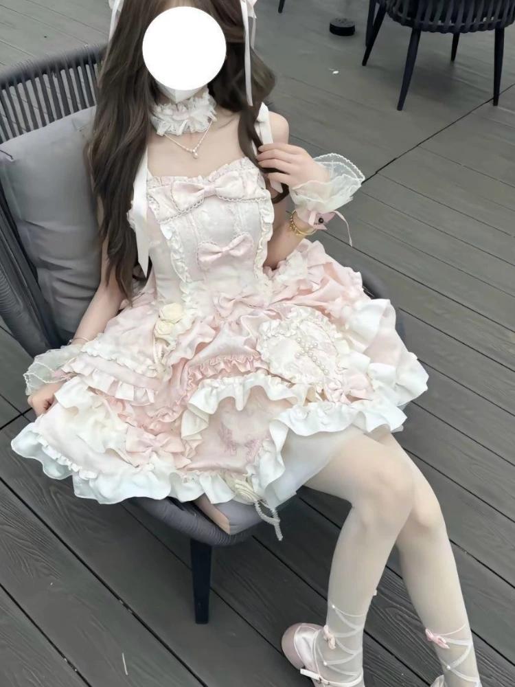 Mooie Kawaii Slash Nek Slimme Lolita Jurk Dames Zoet Design Strik Off Shoulder Sling Jurken Elegant Schattig Mooi Nieuwe Kleding M roze