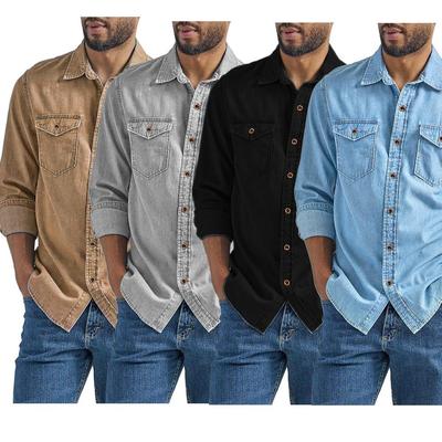 Men's Casual Denim Shirt, Button Down Long Sleeve Chambray Shirt, Relaxed Fit Work Shirt with Pocket