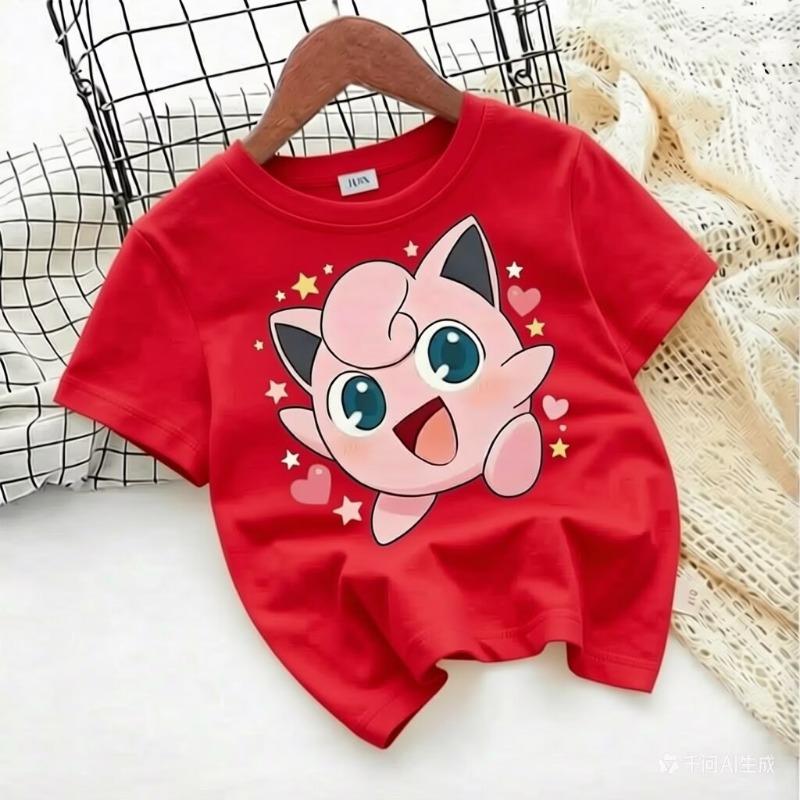 T-shirt with Pokémon Jigglypuff print for summer 2026, loose 100% cotton T-shirt for travel, games, and Y2k sports