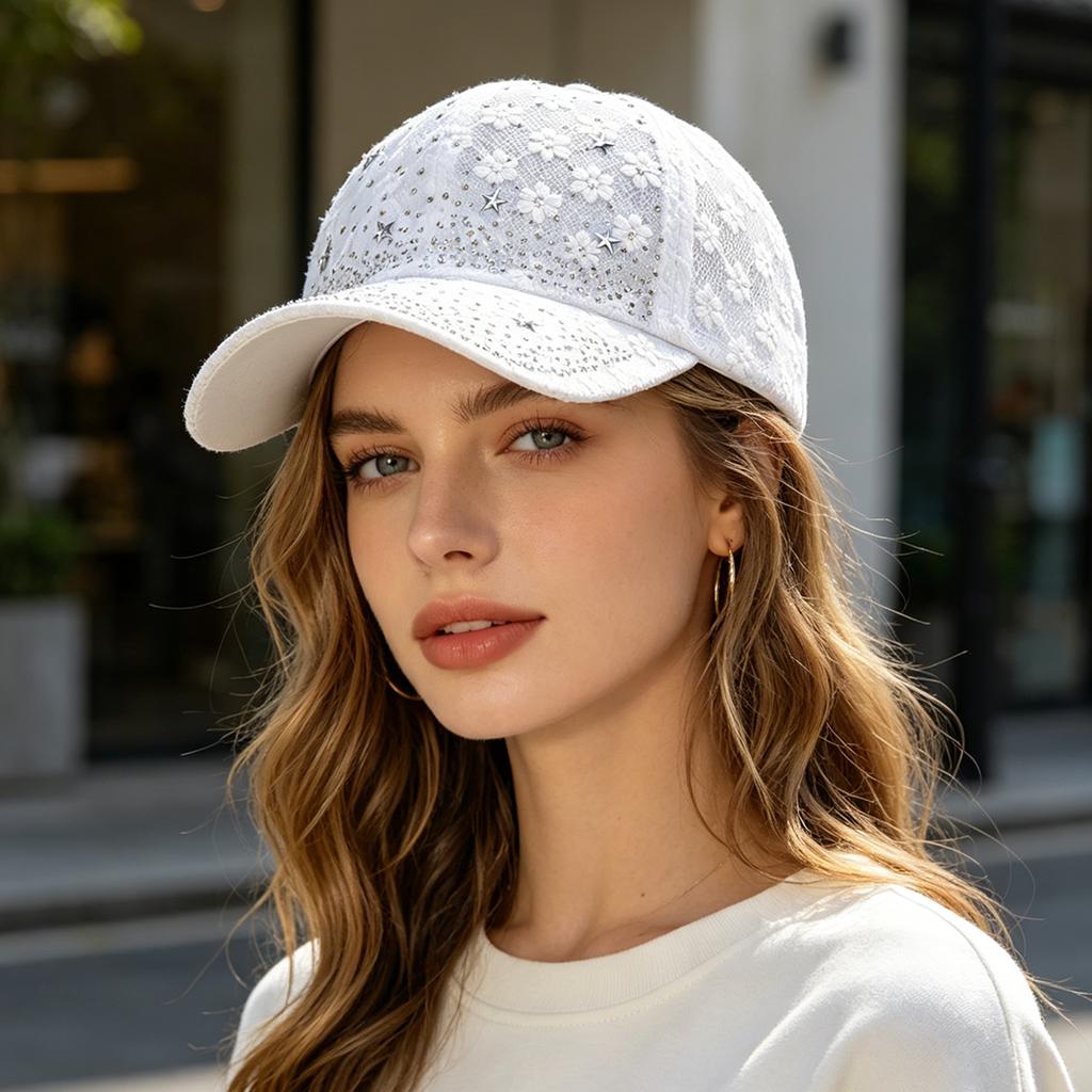 Shiny Rhinestone Lace Flower Baseball Cap Hollow Out Breathable Adjustable Ladies Spring Summer Hats