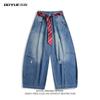 3D Textured Pleated Bootcut Jeans Men Women Streetwear Washed Distressed Casual Pants